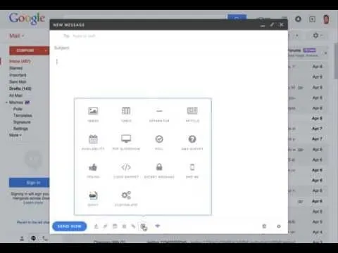 Video: a Gmail compose window with the Mixmax enhancement picker open, showing options including Giphy, polls, surveys, and availability