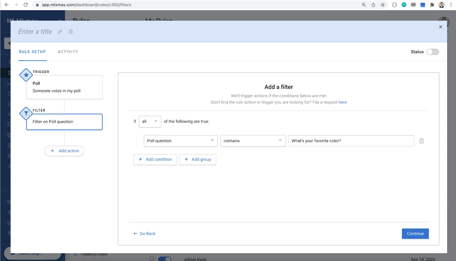 Mixmax rule builder adding a filter so the rule only runs when the poll question contains a given phrase
