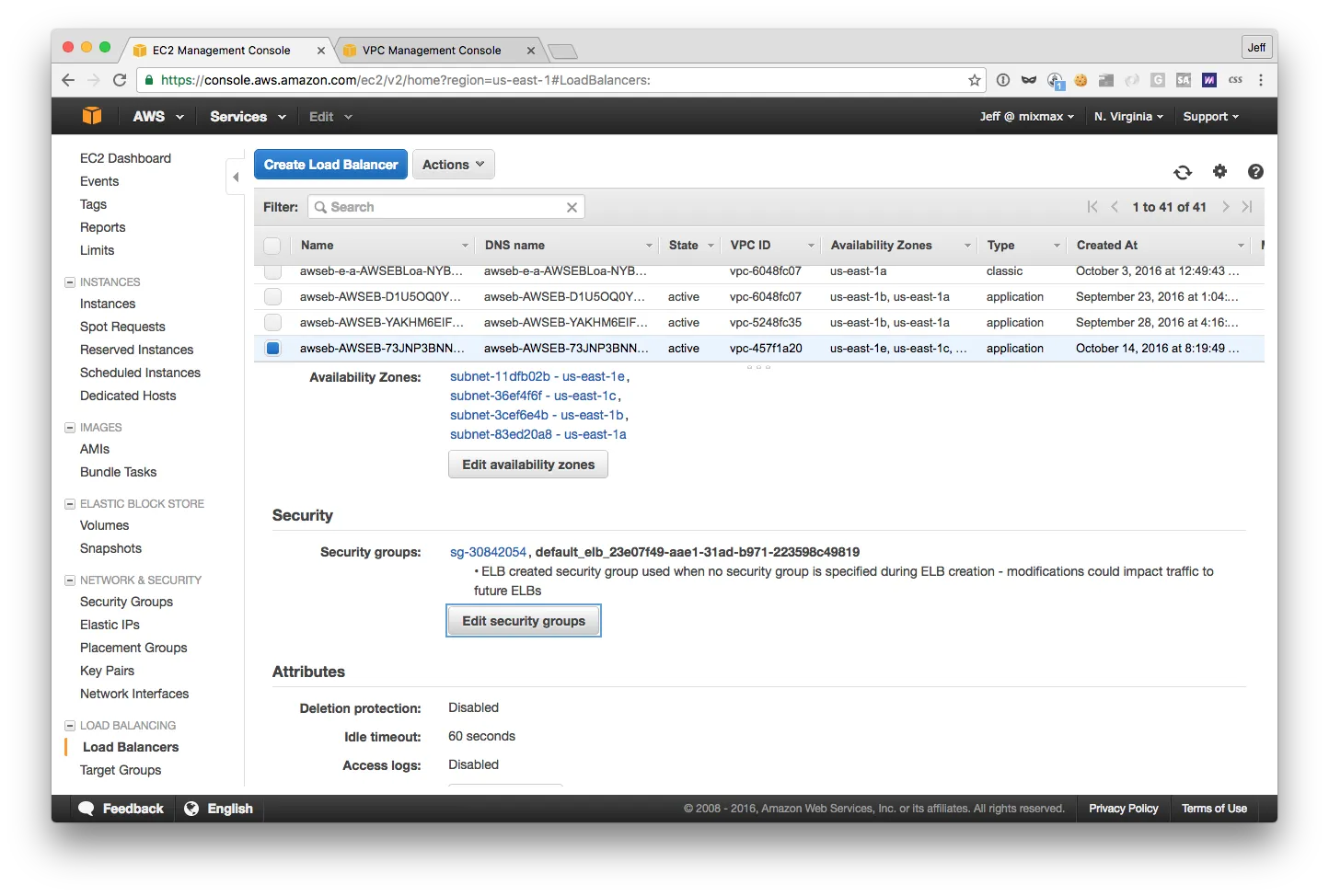 EC2 console load balancer list with an application load balancer selected, showing its availability zones and the Edit security groups button