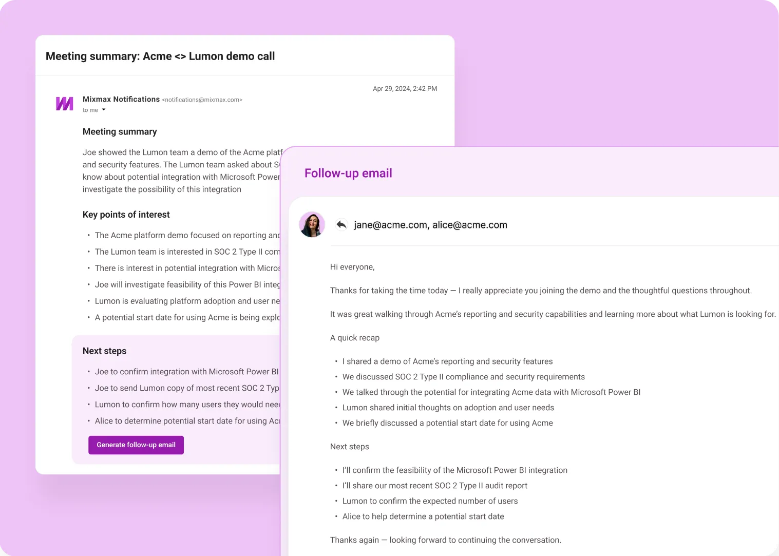 A meeting summary with next steps, and the follow-up email drafted from it