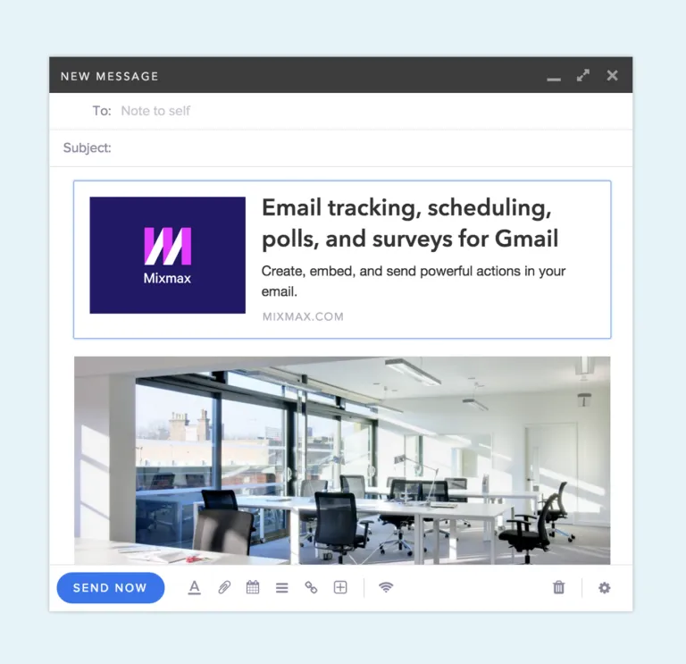 Compose window showing a pasted link rendered as a rich preview card with the Mixmax logo, page title, and description