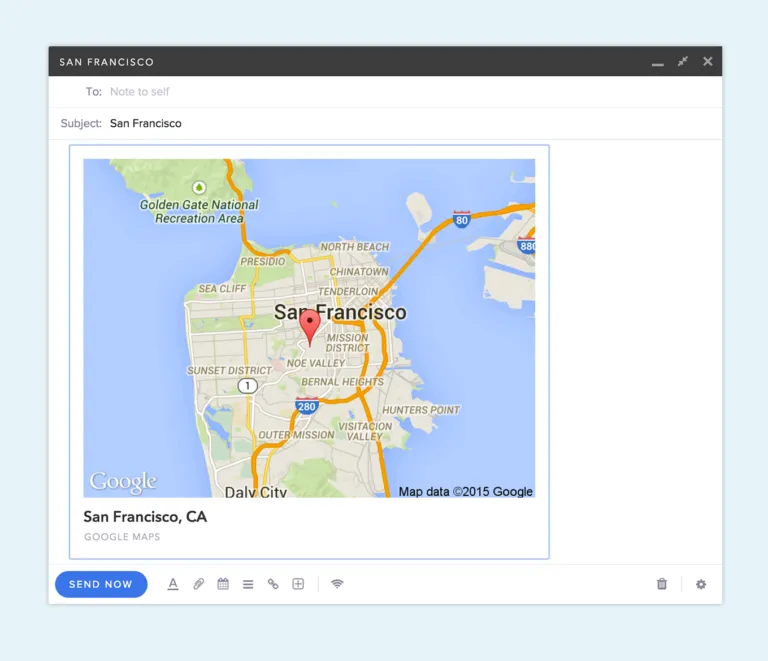 Compose window showing a Google Maps link rendered as an inline map preview of San Francisco
