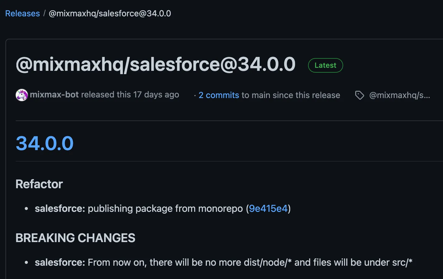 GitHub release page for @mixmaxhq/salesforce version 34.0.0, listing a refactor that publishes the package from the monorepo and a breaking change moving files from dist to src
