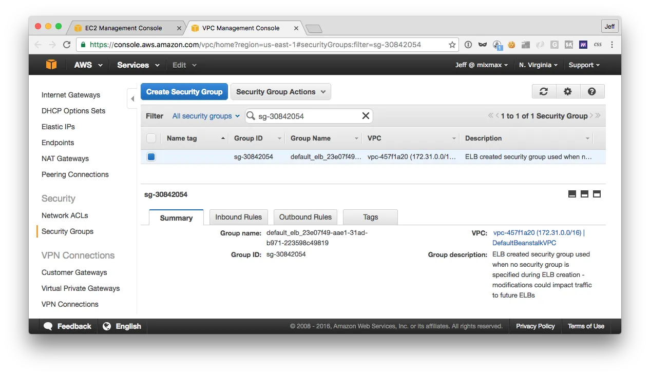 AWS VPC console showing the default ELB-created security group used when no security group is specified, with a warning that changes could affect future load balancers