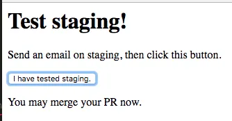 The same test page after clicking the button, now confirming you may merge your PR