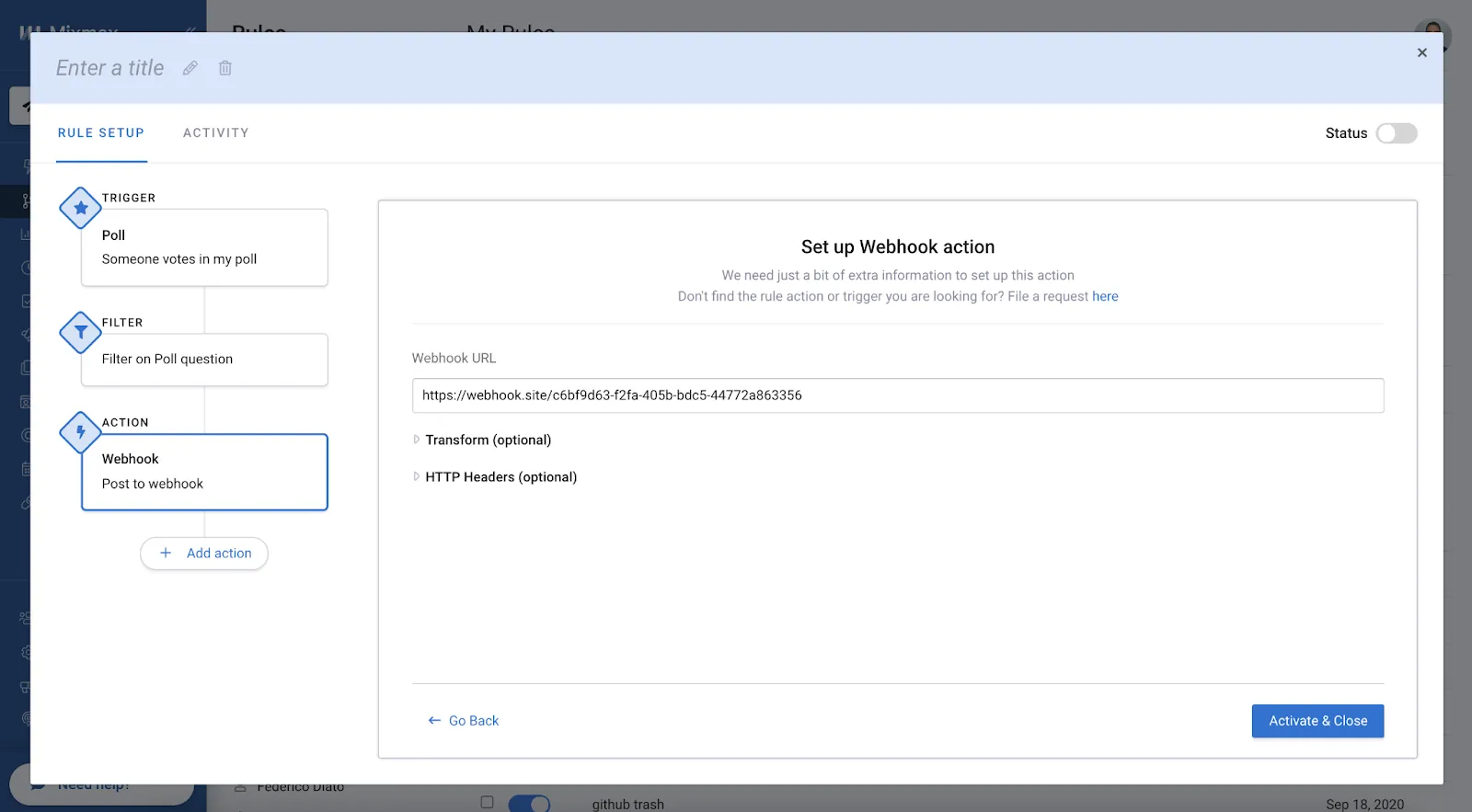 Mixmax rule builder setting up a webhook action that posts to an external URL when someone votes in the poll