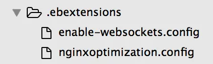 An .ebextensions directory containing two files, enable-websockets.config and nginxoptimization.config