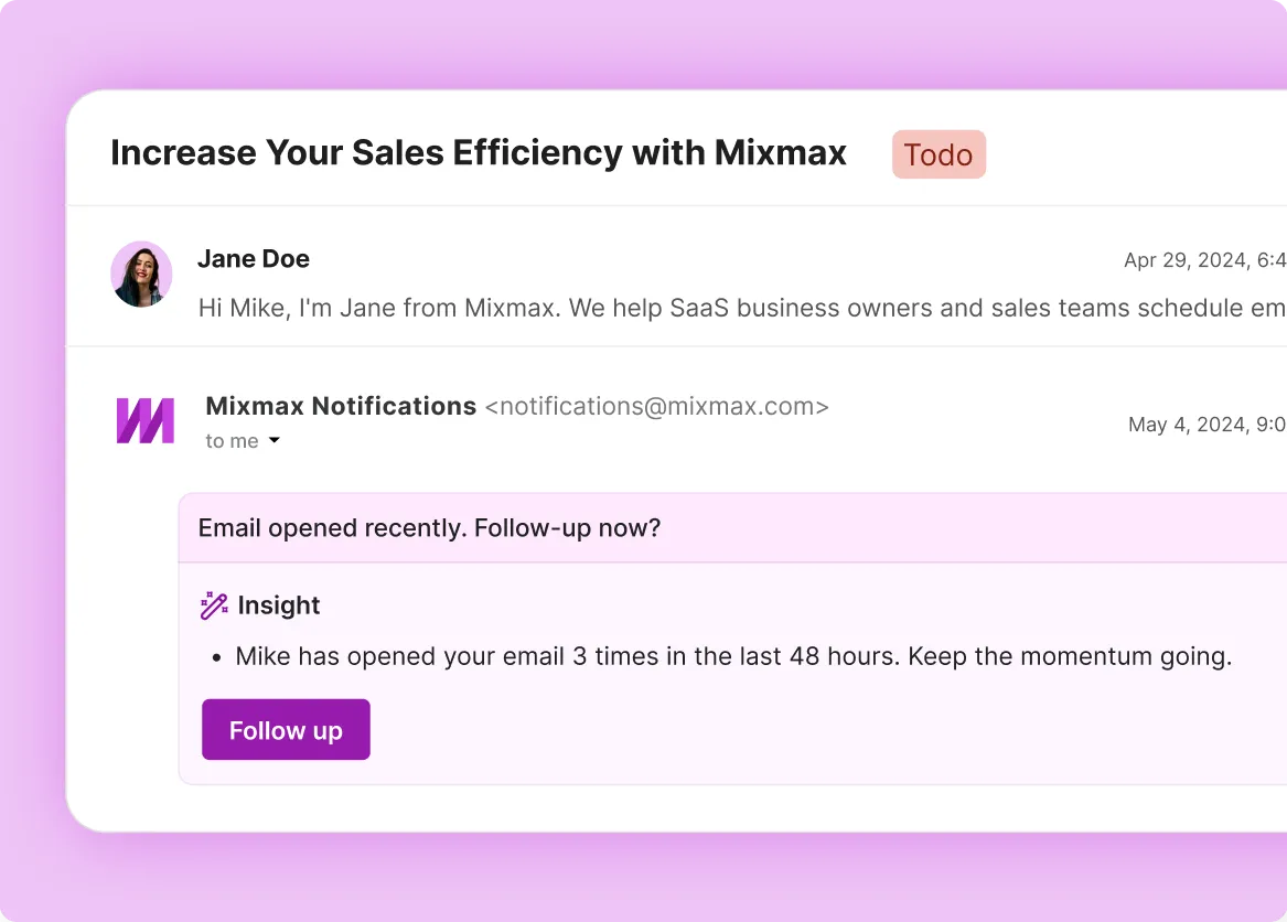 Mixmax surfacing an opened-email engagement signal with a follow-up prompt