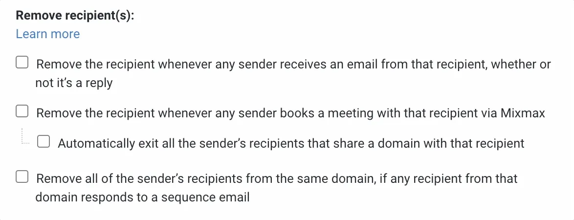 Exit from domain Sequence settings listing the remove-recipient rules, including the nested option to automatically exit every recipient sharing a domain with someone who books a meeting