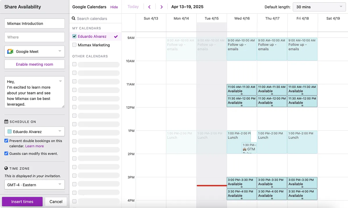 Mixmax public calendar availability page