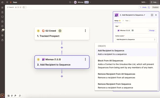 Mixmax sequence triggered automatically through a Zapier workflow