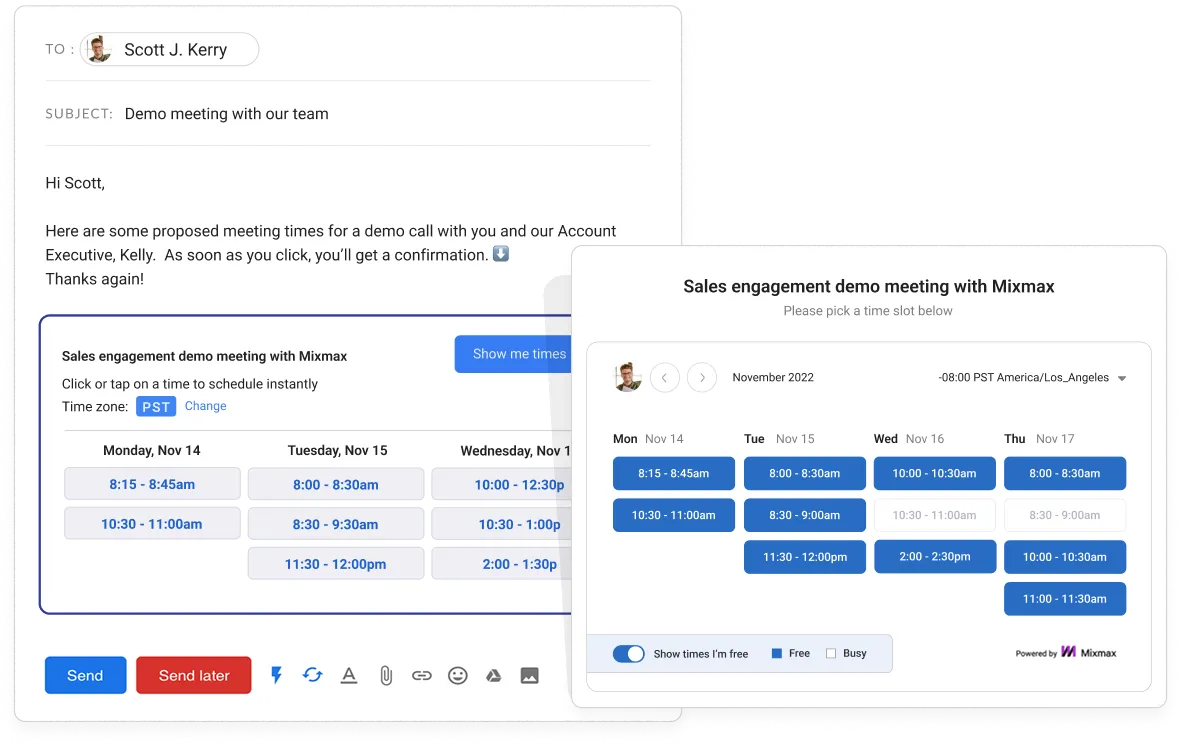 Mixmax scheduling availability inserted into Gmail