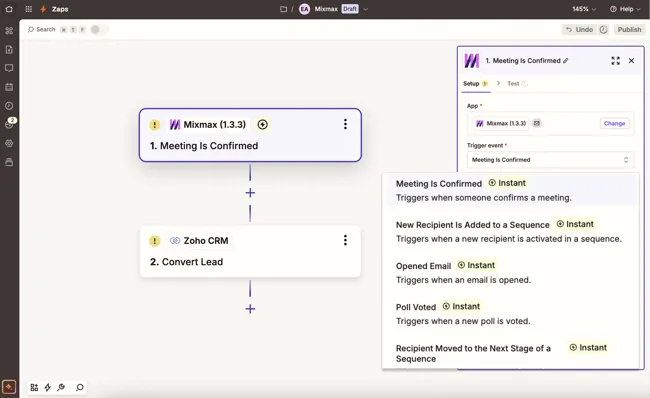 Zapier workflow triggered by a Mixmax prospect interaction