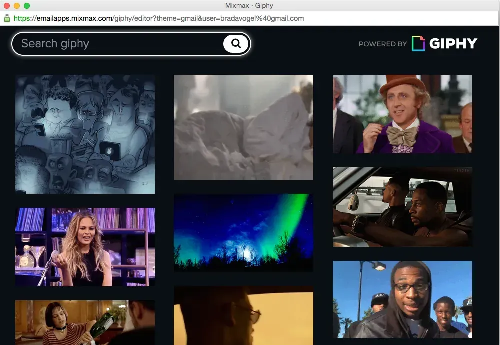 The custom Giphy enhancement running in a Mixmax window, with a search field and a grid of trending GIFs powered by Giphy