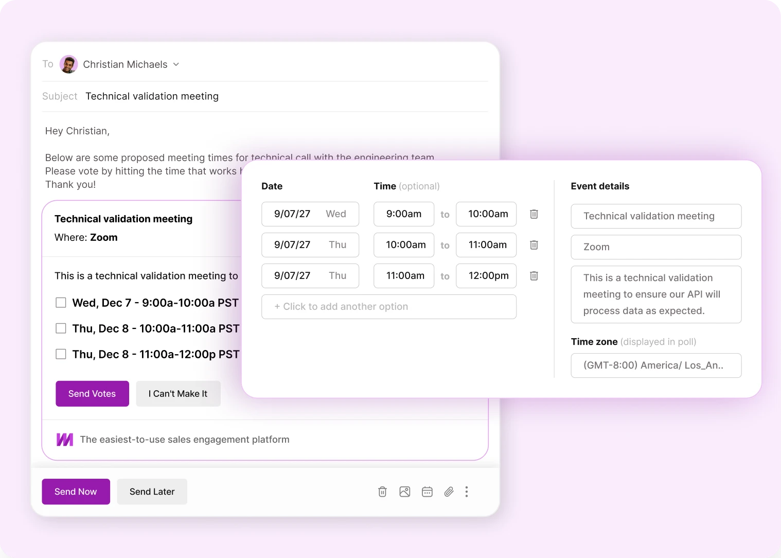 Mixmax email offering proposed meeting times to vote on