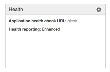 Elastic Beanstalk Health panel showing a blank application health check URL and enhanced health reporting