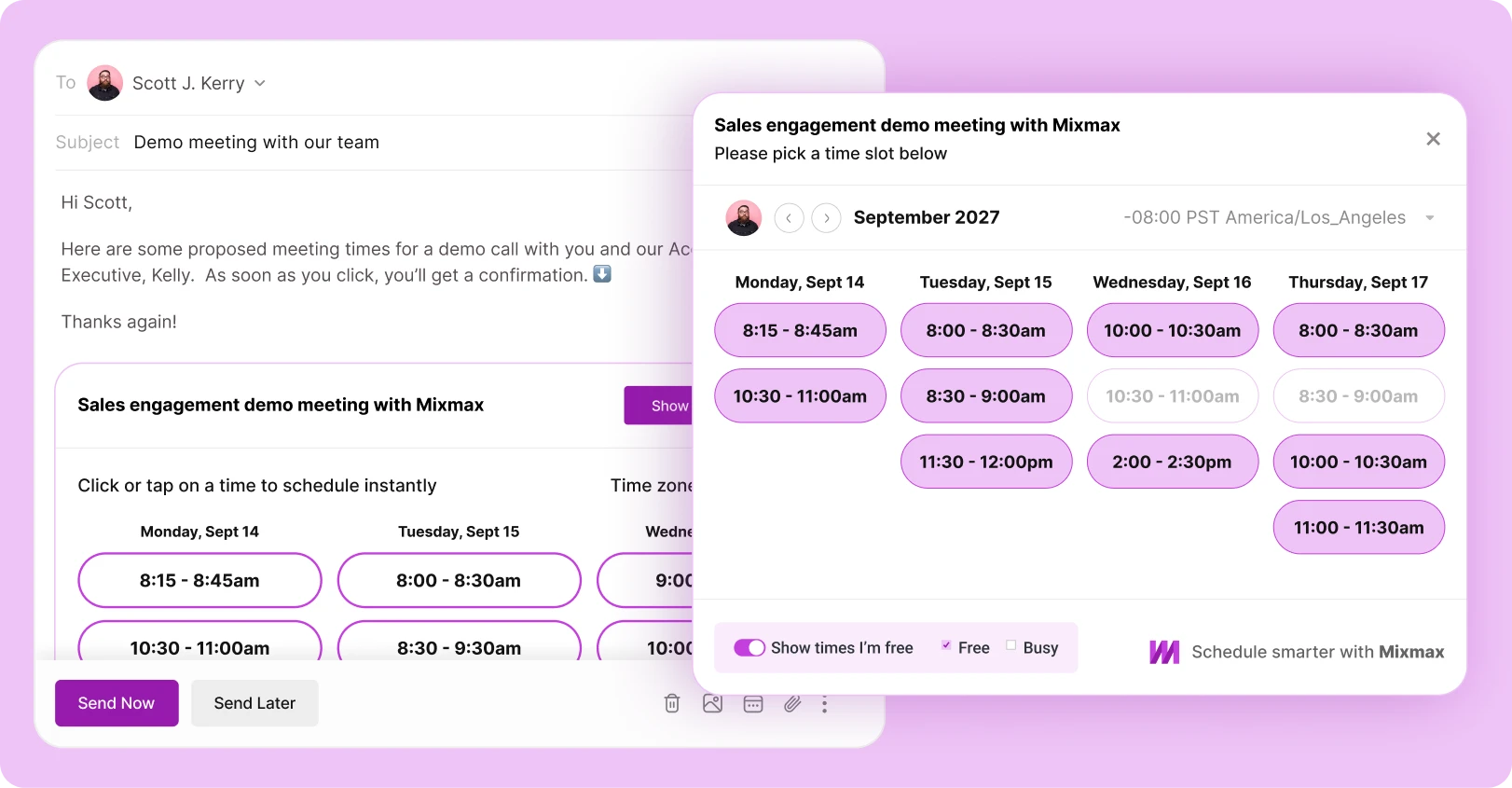 Mixmax calendar availability embedded in a Gmail compose window with one-click booking