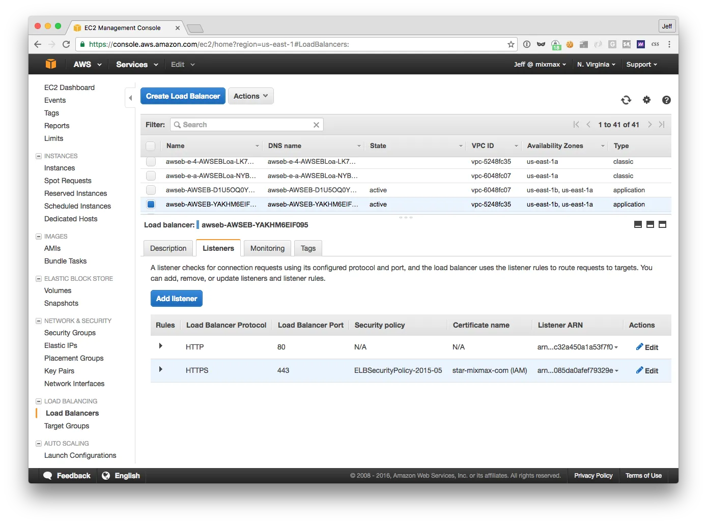 Load balancer listeners after adding an HTTPS listener on port 443 with an SSL certificate attached alongside the existing HTTP listener
