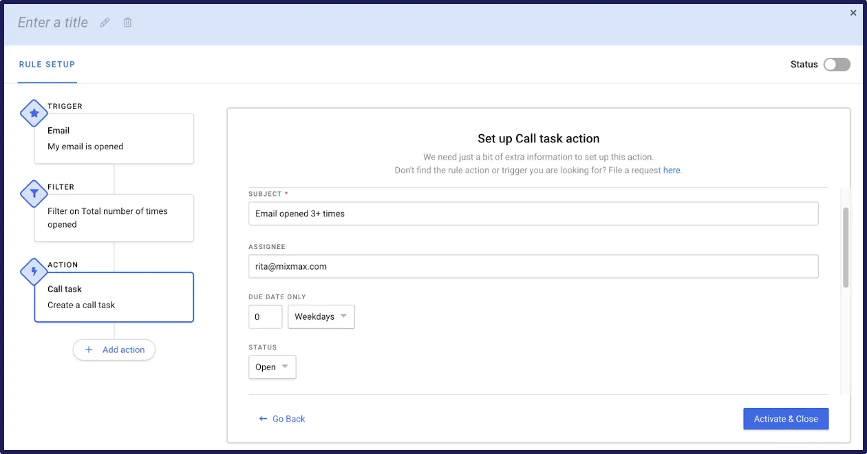 Mixmax rule setup creating a call task when an email is opened three or more times, with fields for subject, assignee, due date, and status