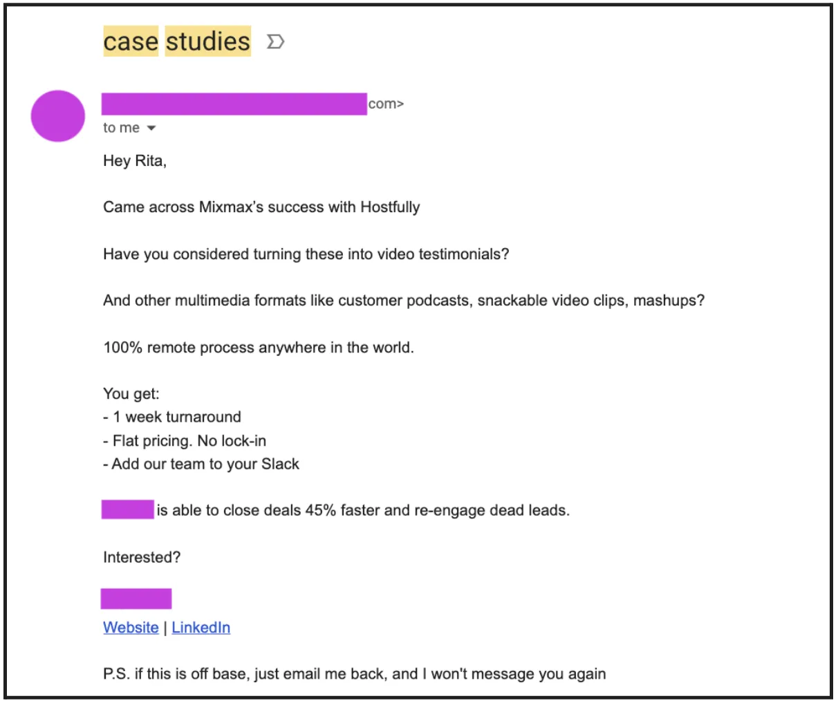 Before: a generic cold email pitching video testimonials, with the sender's details redacted