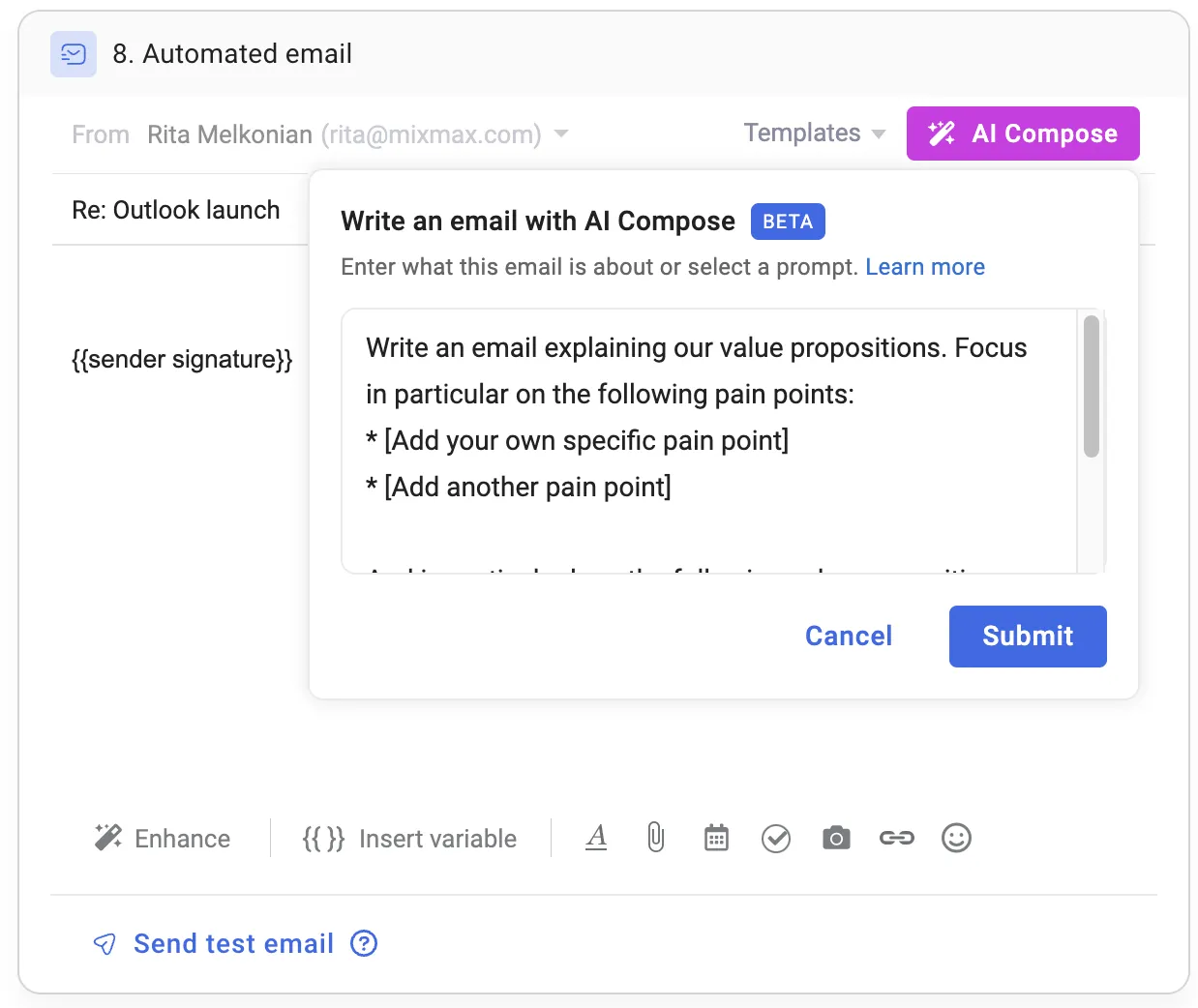 Mixmax AI Compose dialog inside an email draft, with a prompt asking it to write an email explaining value propositions against specific pain points