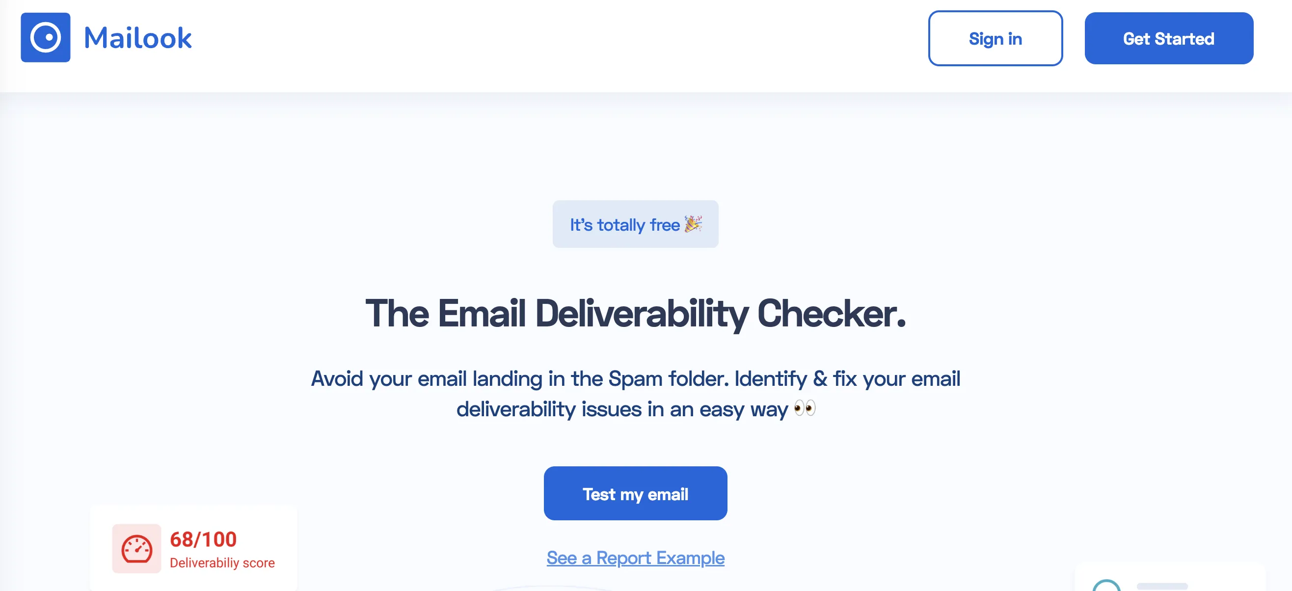 Mailook homepage headlined The Email Deliverability Checker, with a Test my email button and a sample deliverability score of 68 out of 100