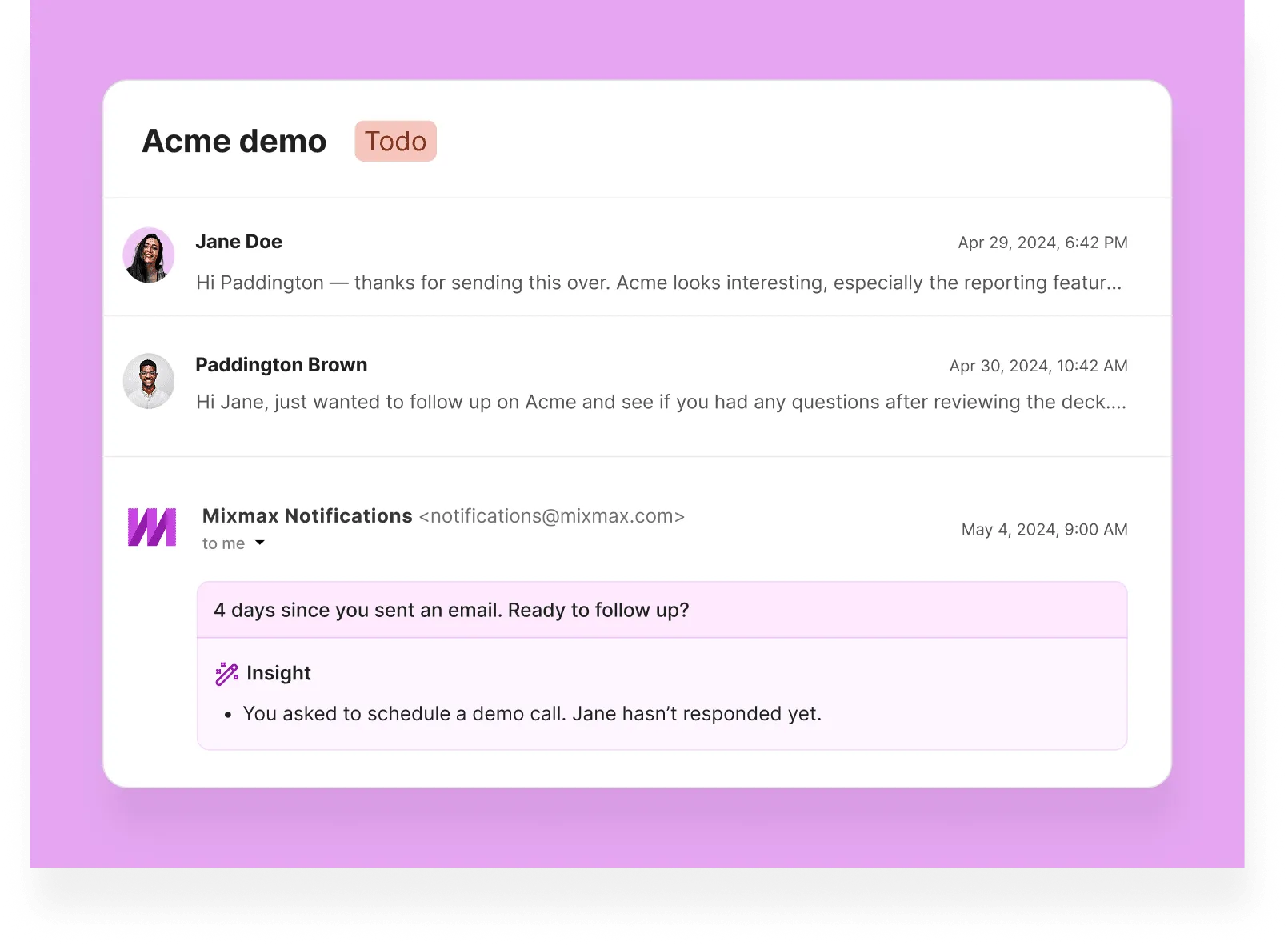 Follow-up reminder surfaced in the inbox