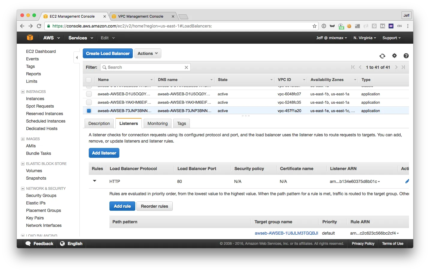 Listeners tab of the application load balancer, showing an HTTP listener on port 80 and the default rule pointing at its target group