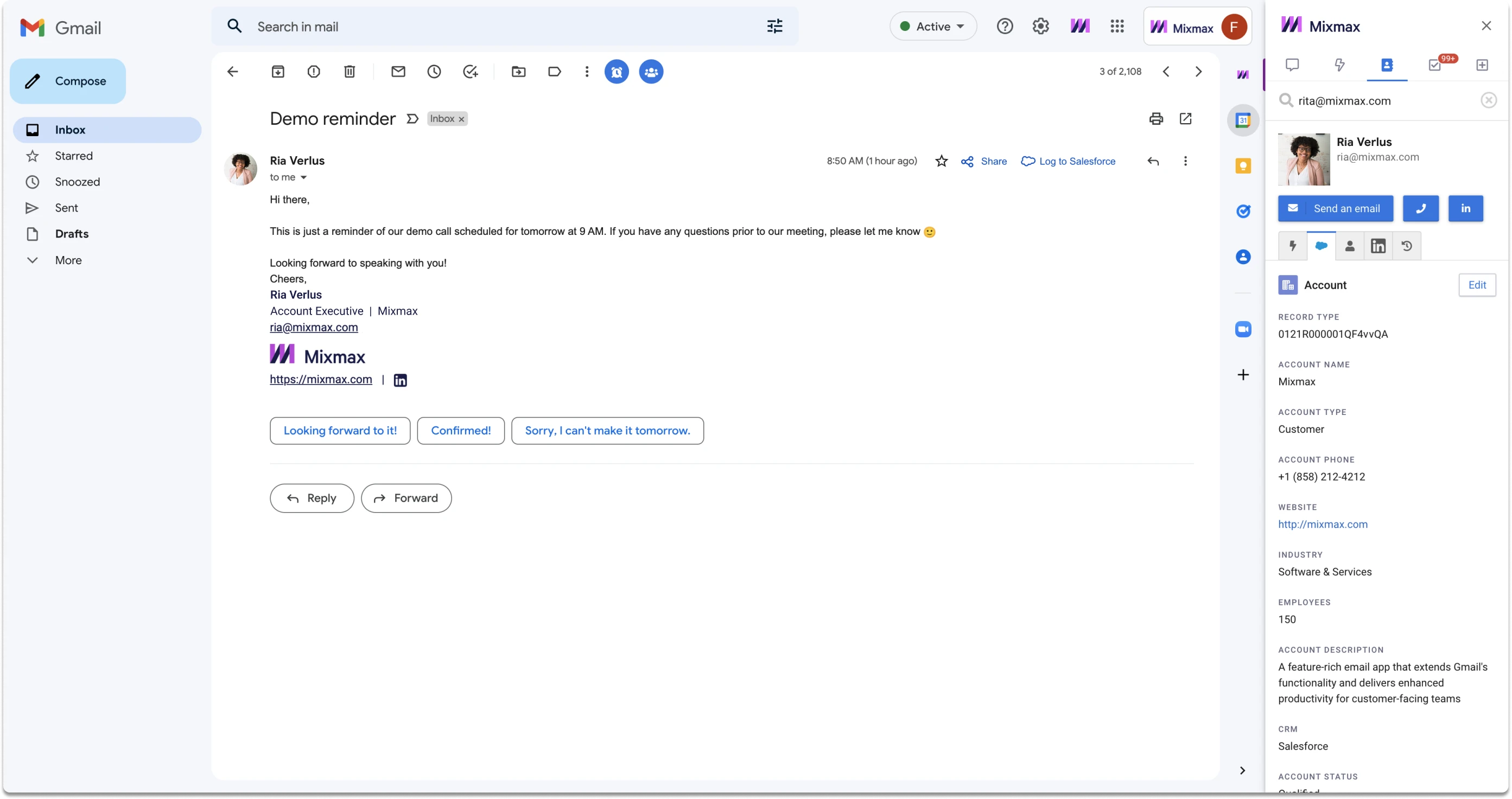 Mixmax Gmail sidebar lets you manage tasks, send LinkedIn InMail, promote team coaching and alignment with Team Live Feeds, access and update Salesforce, and quickly access prospect and tracking data right from your inbox.