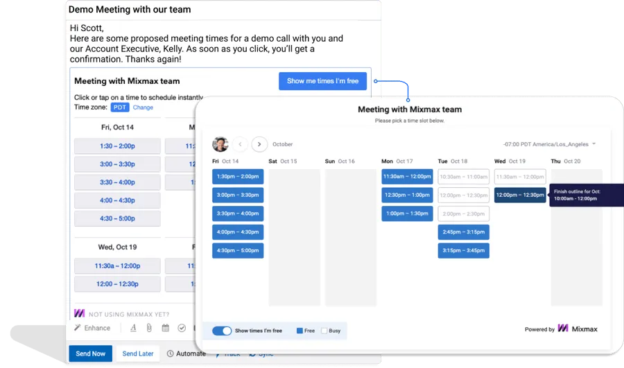 Mixmax scheduling interface letting SDRs book meetings on their AE's calendar with round robin
