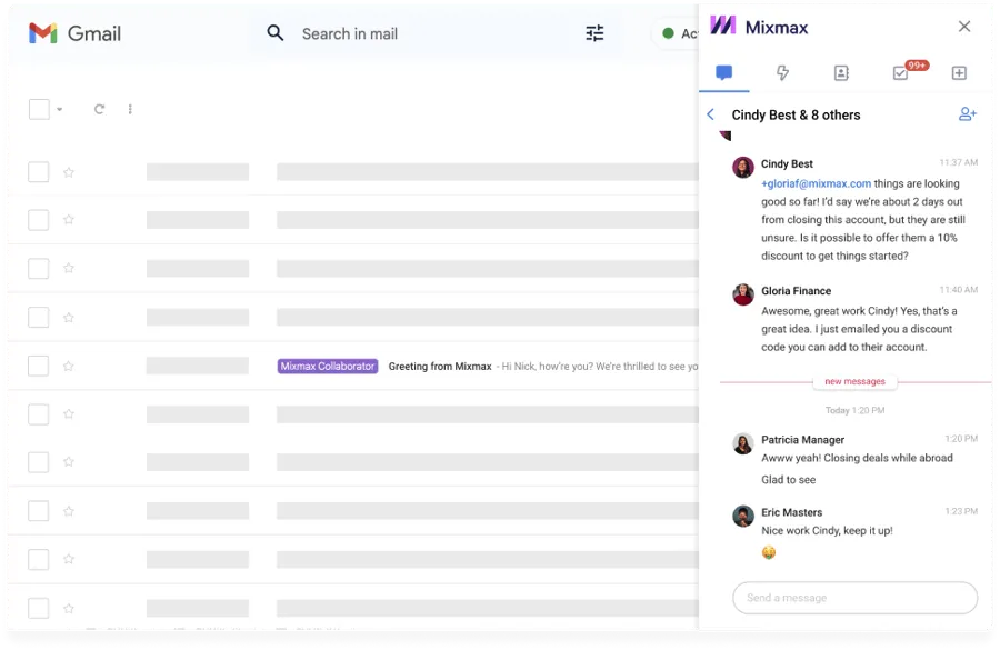 Mixmax Sidechat letting an SDR loop in an AE on a prospect email privately