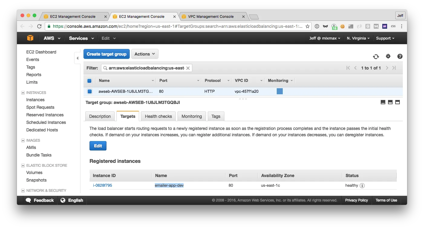 Targets tab of the target group, where the registered instance name matches the Elastic Beanstalk environment name