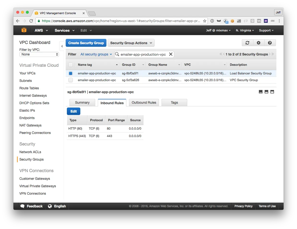 AWS VPC console showing the load balancer security group Elastic Beanstalk named after the environment, with inbound rules opening ports 80 and 443
