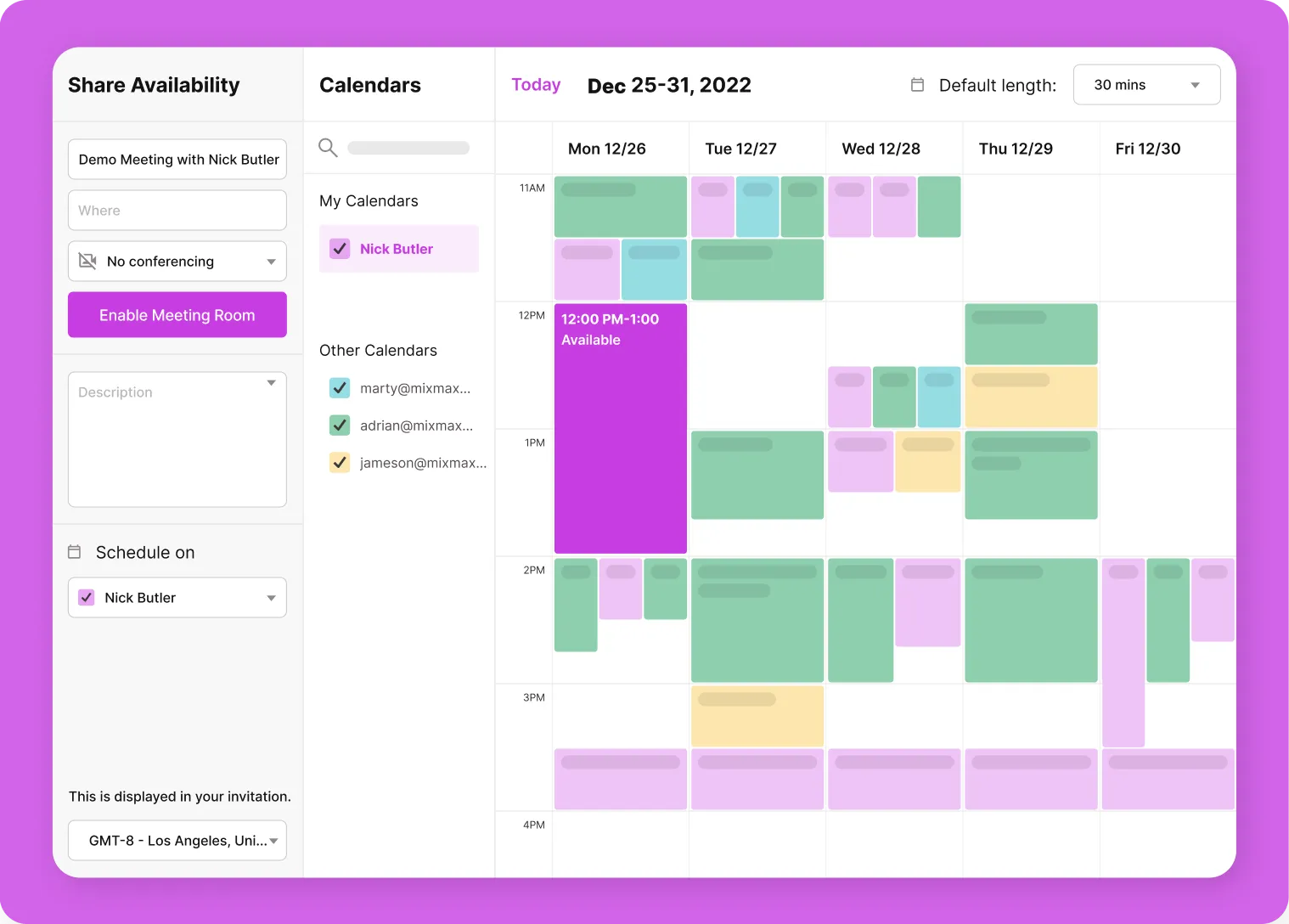 The share-availability view: a week of your calendar with the free hours you have chosen to offer